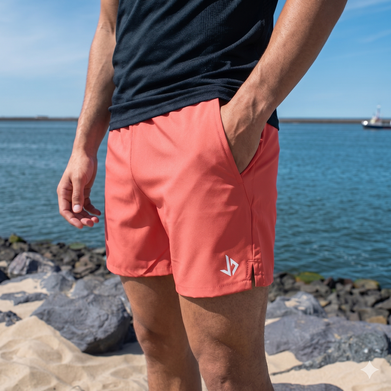 JUSS7 Aero Dry 2-in-1 Hybrid Short – Korte Sportbroek & Zwembroek – Met Ritszakken – Koraalrood