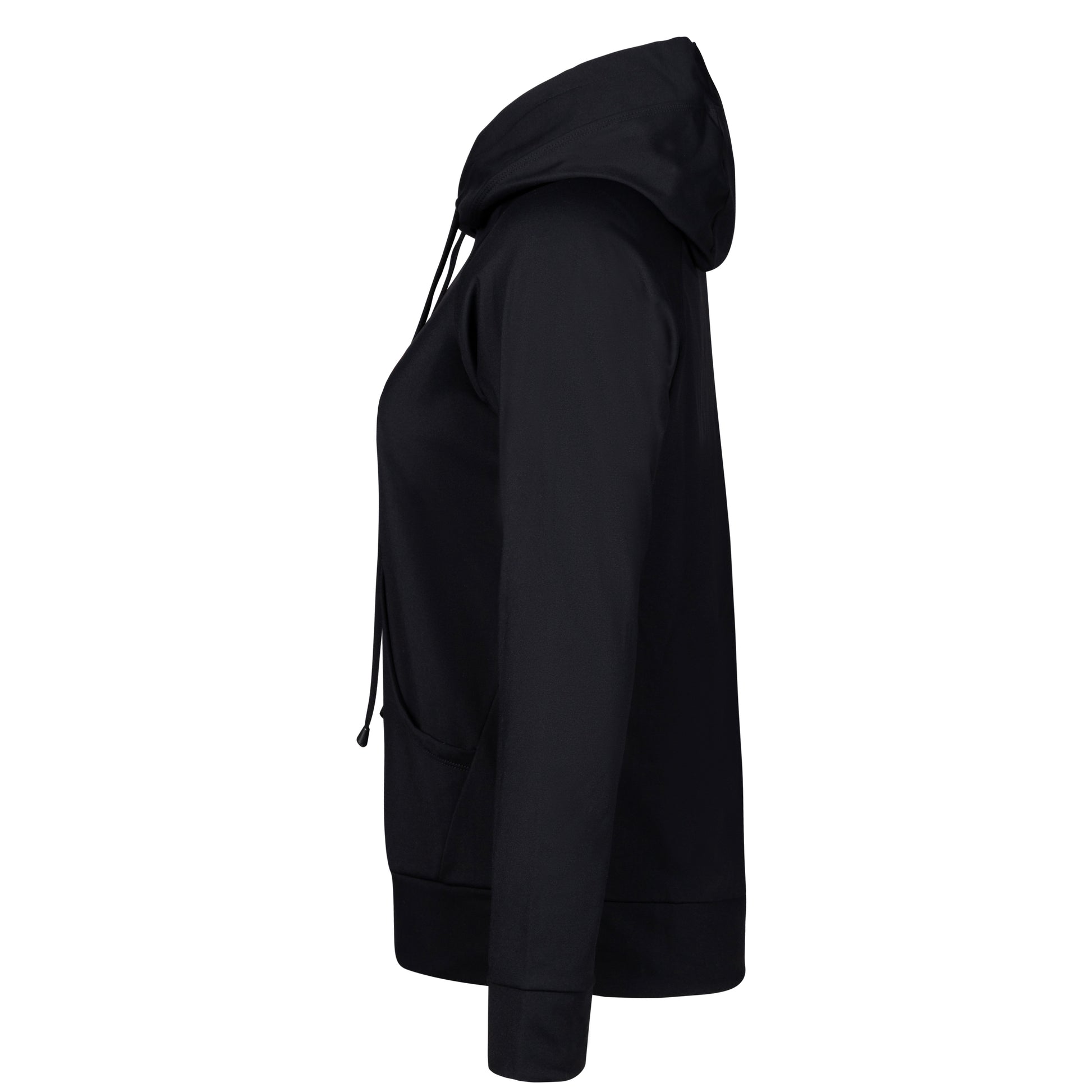 Lange vrouw draagt zwarte extra lange dames hoodie van JUSS7 Sportswear