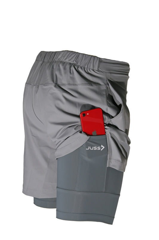 Grijze 2-in-1 heren hardloopbroek met binnenbroek en telefoonzak JUSS7 Sportswear