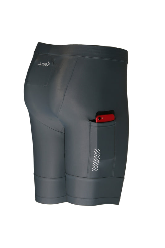 Detailfoto van de telefoonzak in de JUSS7 Run & Slide hardloopbroek grijs