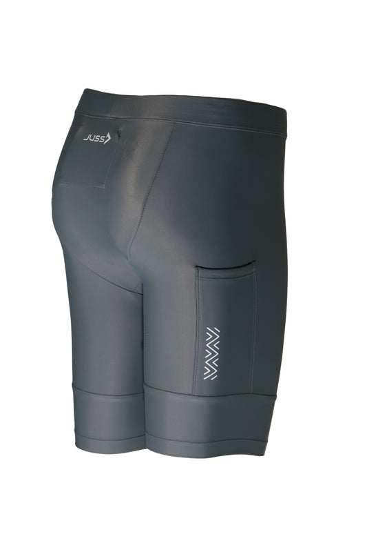 Detailfoto van de telefoonzak in de JUSS7 Run & Slide hardloopbroek grijs