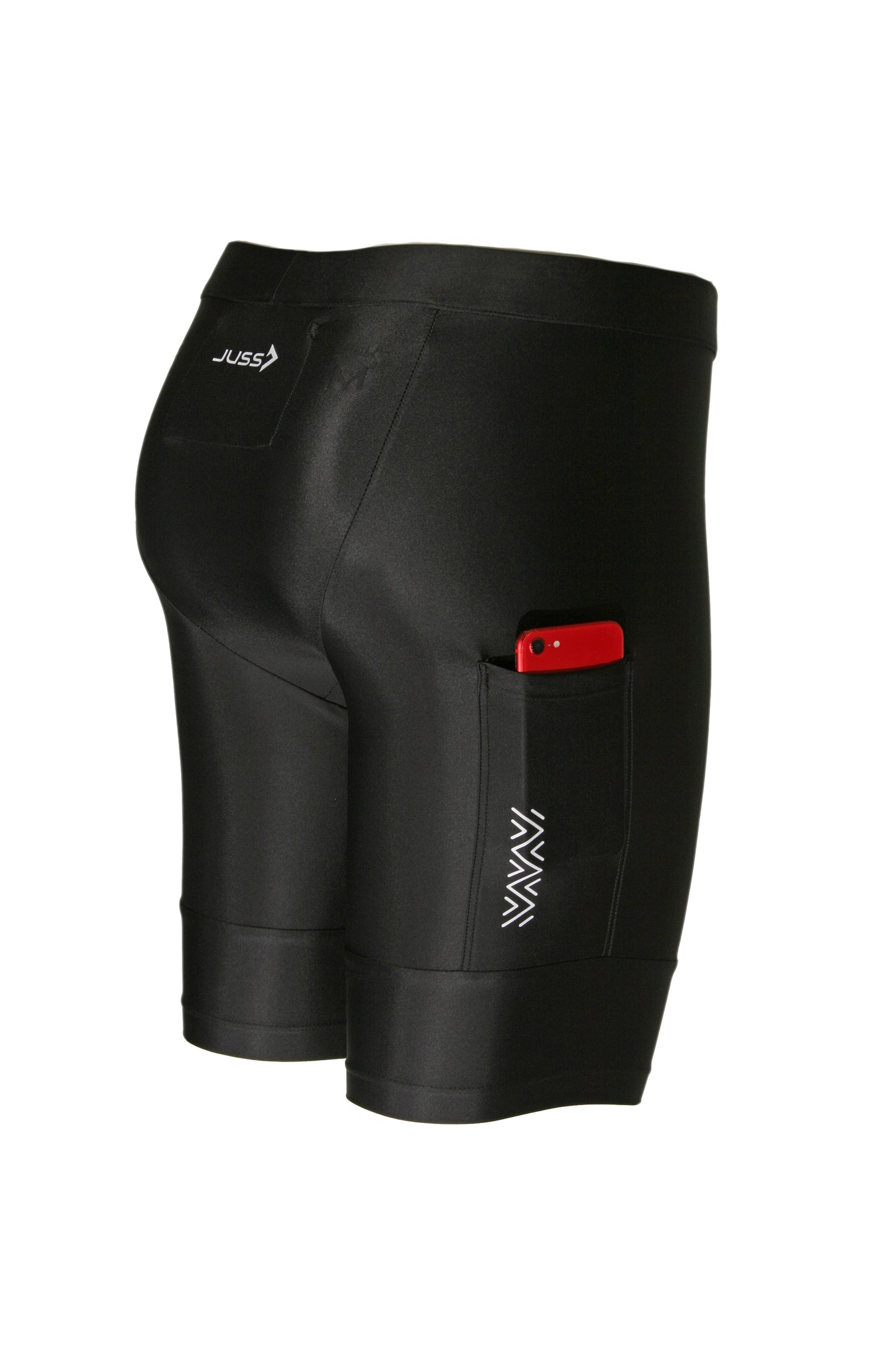 Detailfoto van de telefoonzak in de JUSS7 Run & Slide hardloopbroek zwart