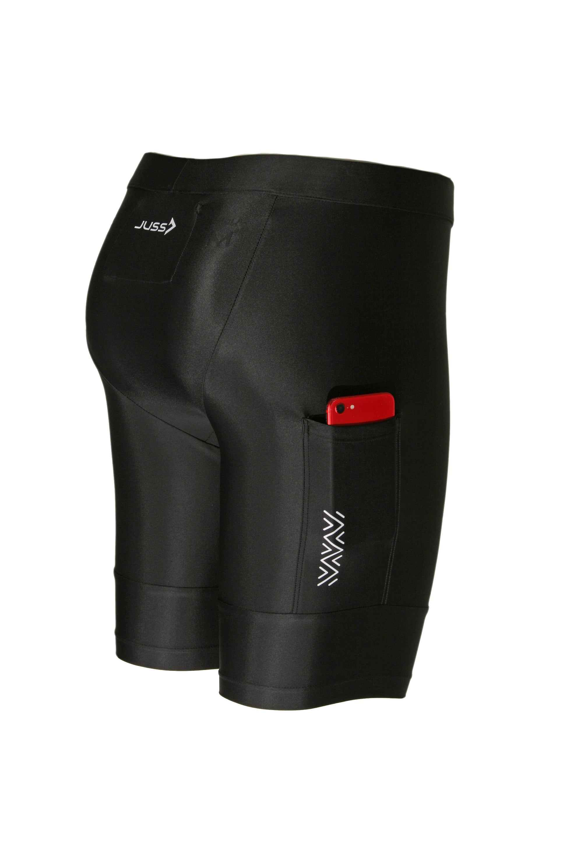 Detailfoto van de telefoonzak in de JUSS7 Run & Slide hardloopbroek zwart